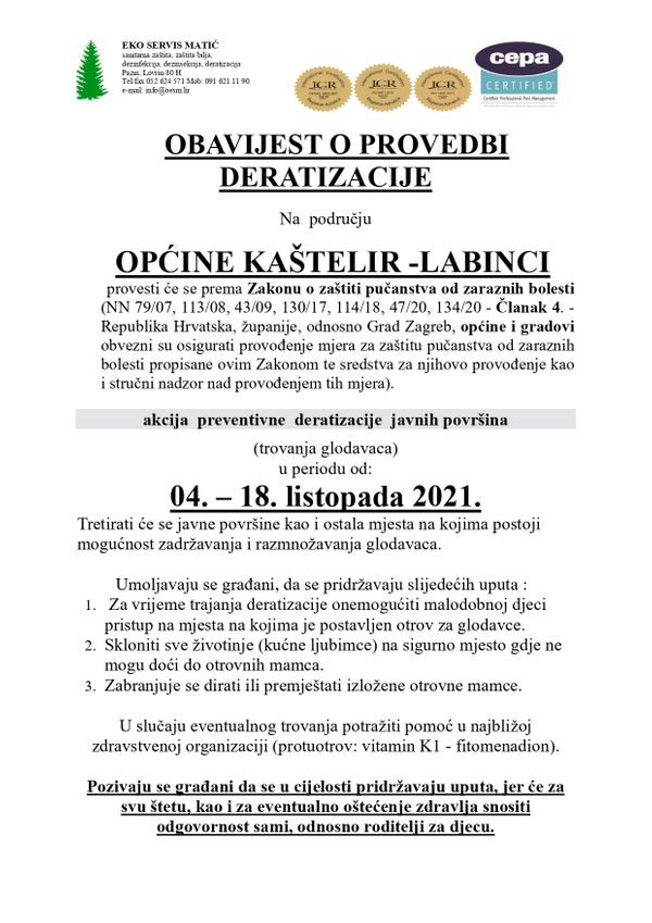 JESENSKA DERATIZACIJA NA PODRUČJU OPĆINE KAŠTELIR-LABINCI